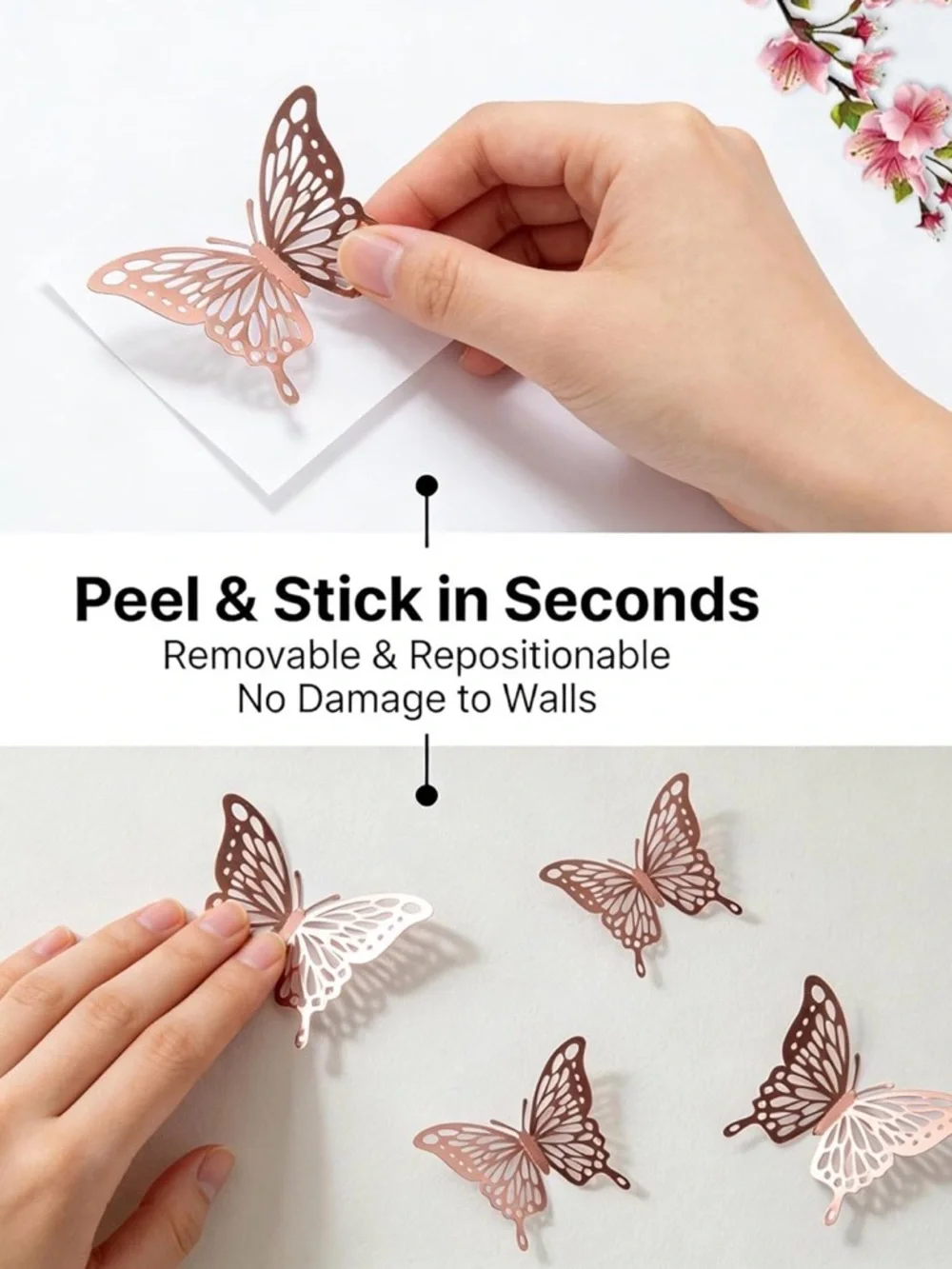 💞 New 12-Piece 3D Rose Gold Adhesive Butterfly Craft & Wall Decor Set